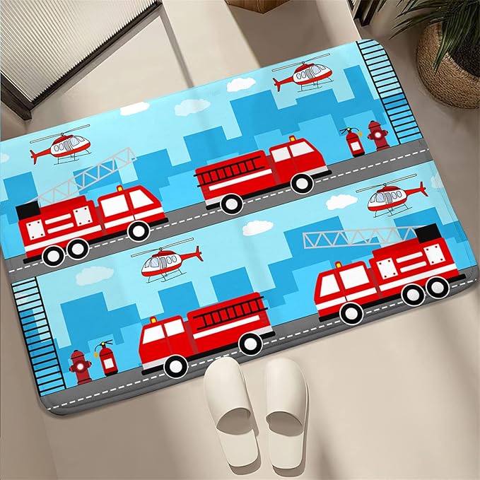 Car Rug Play Mat Car Rug Play Mat Car Rug for Boys Room Fire Fighting Truck Red Car Printed Rug Play Rug for Cars and Trucks Play Rugs for Kids Rooms,Light Blue 2'×3'