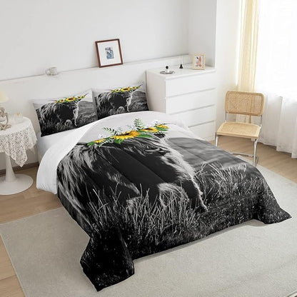 Highland Cow Comforter Set Twin Size Bull Cattle Flower Down Comforter Yellow Sunflower Western Funny Animal Cow Print Quilted Duvet Wild Animal Farmhouse Cow Bedding Comforters, with 1 Pillowcase