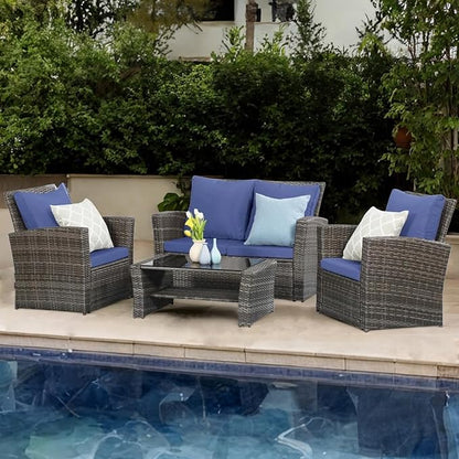 Wisteria Lane 4 Piece Outdoor Patio Furniture Sets, Wicker Conversation Set for Porch Deck, Grey Rattan Sofa Chair with Cushion （Blue