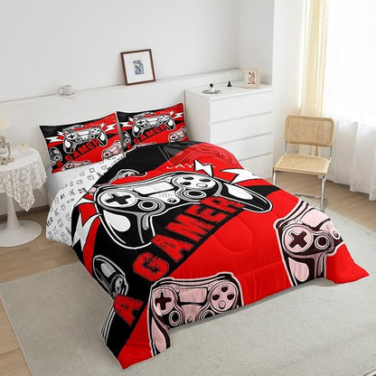 Erosebridal Gaming Comforter Sets for Boys Kids Gamer Comforter Set,Video Game Bedding Set Red Black Gamepad Quilt Duvet Set Men Boys Bedroom Decor,King Size 3Pcs