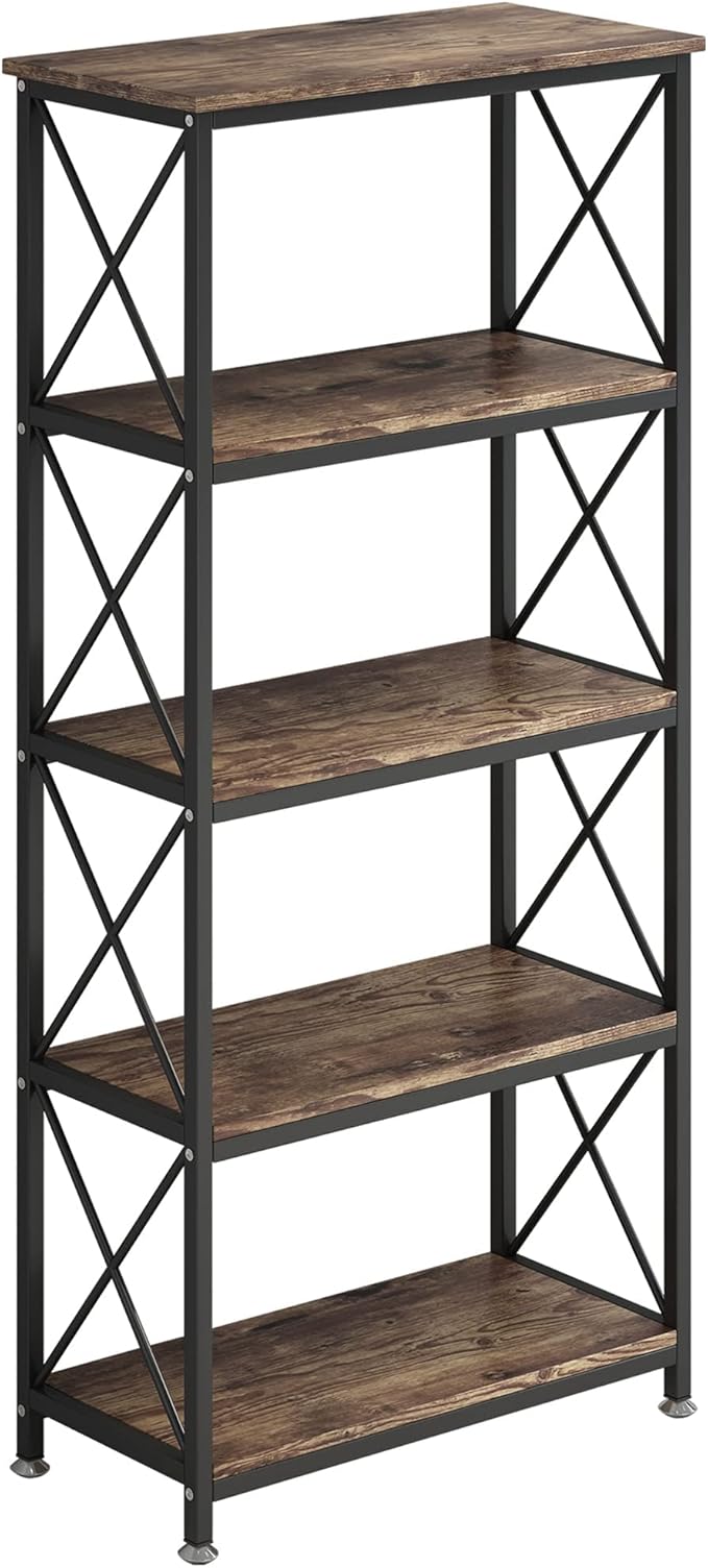 4NM Bookshelf 5 Tier Industrial Bookcase Home Office Adjustable Bookshelves Storage Shelves Organizer Vintage Book Shelf Display Rack for Living Room, Bedroom,Home (Rustic Brown and Black)