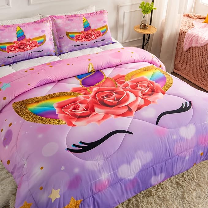 Unicorn Full Bedding Sets for Girls Kids Comforter Set Full Size with 2 Pillowcases Purple Unicorn Room Decor for Girls Bedroom Ultra Soft Machine Washable Toddler Bed Set