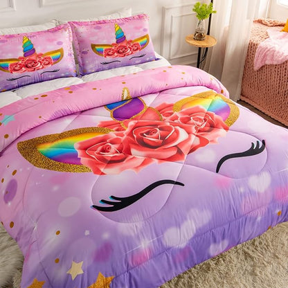 Unicorn Queen Bedding Sets for Girls Kids Comforter Set Queen Size with 2 Pillowcases Purple Unicorn Room Decor for Girls Bedroom Ultra Soft Machine Washable Toddler Bed Set