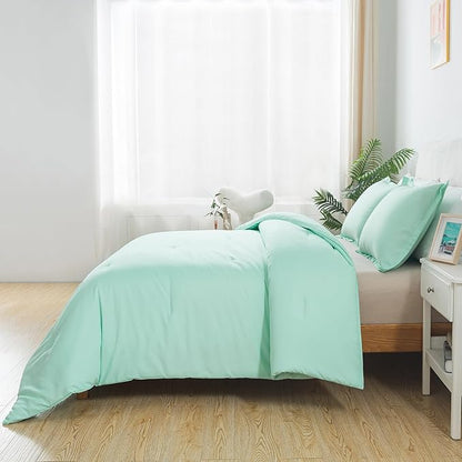 Queen Sage Green Comforter Set, Solid Lightweight Skin-Friendly Boho Bedding Set & Collections, Breathable Fluffy Microfiber 3 PCS (90"x90") Comforter Set for All Seasons with Pillowcases