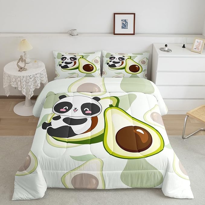 Erosebridal Panda Comforter Set King,Avocado Bedding Set Cute Black White Panda Bedding Bear Cat Bedding Comforter for Kids Boys Girls Green Tropical Fruit Quilt Duvet Set Room Decor 2 Pillow Cases