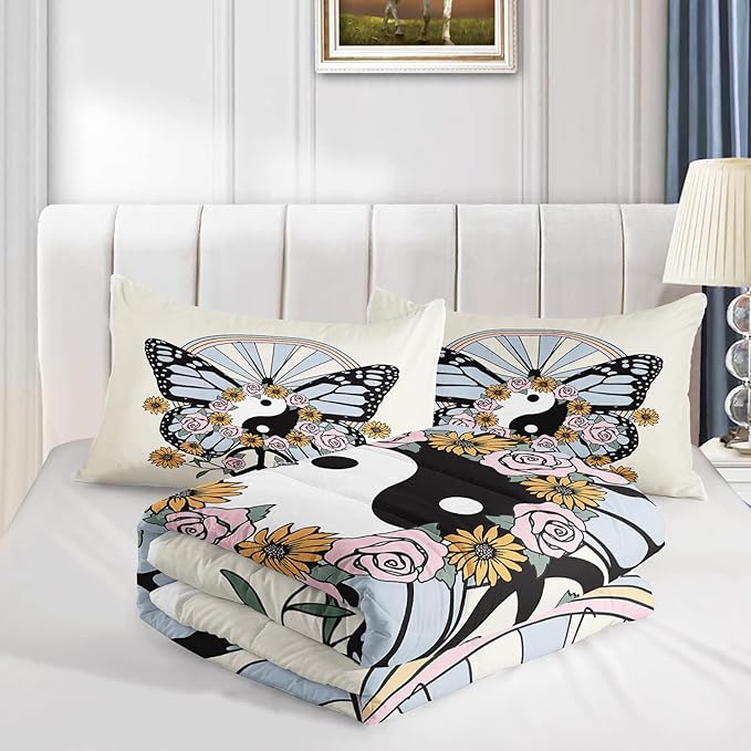 CVHOUSE Butterfly Bedding Set,Butterfly Comforter King,Butterfly Comforter Set for Girls Kids Teens,Butterflies Quilt Set with 1 Comforter and 2 Pillow Cases- 3 Piece