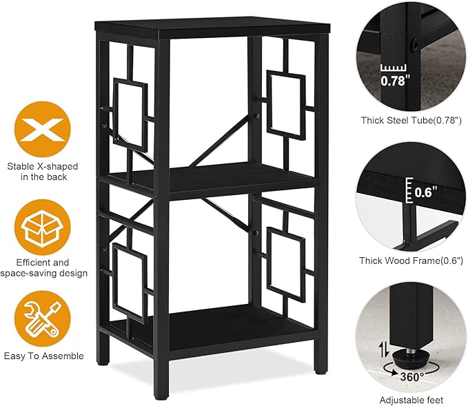 Small Bookshelf, 3 Tier Vintage Industrial Small Bookshelf for Small Spaces, Freestanding Open Shelf Bookcase, Versatile Bookshelf for Home Office, Bedroom & Living Room, Black