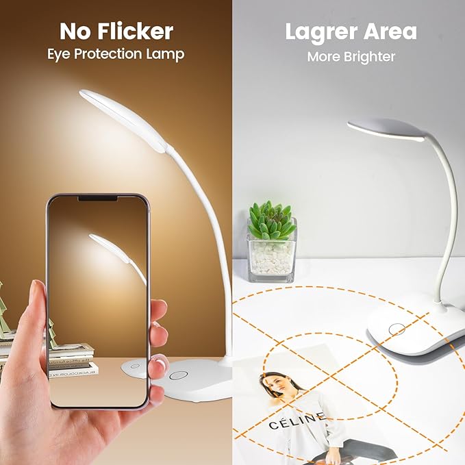 Battery Powered Desk Lamp, Portable Lamps Rechargeable 3 Color Modes Touch Control Stepless Dimming, Wireless Desk Lamp with 2000mAh, Small LED Table Light for Dorm Study Office Bedroom