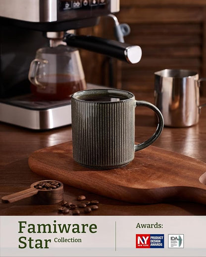 famiware Coffee Mug Set for 8, Star 16 oz Catering Mugs Cup Set with Handle for Coffee, Tea, Cocoa, Milk - Ceramic Stoneware Drinkware Set, Deep Forest