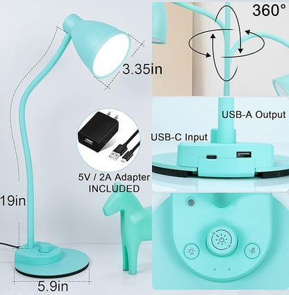 BOHON LED Desk Lamp with USB Charging Port, 3 Color Modes Fully Dimmable Reading Lamp, Auto Dimming Task Lamp, Flexible Gooseneck Table Light for Office Dorm Bedside, Adapter Include, Teal