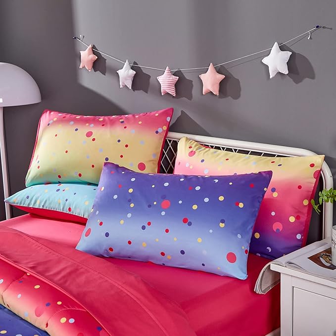 Colorful Polka Dots Rainbow Comforter Set for Teen Girl,Full/Queen Size 5 Piece Bed in A Bag,Circles Printed Comforter and Sheets,Ultra Soft Microfiber All Season Bedding Set(Full/Queen,Dots)