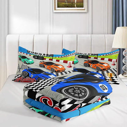 Axolotl Racing Car Bedding Set Queen,Cool Speed Race Car Down Comforter for Kids Boys Girls Teens,Racing Car Comforter Set Car Theme with Three Cars Arrive at Finish,1 Comforter and 2 Pillowcases