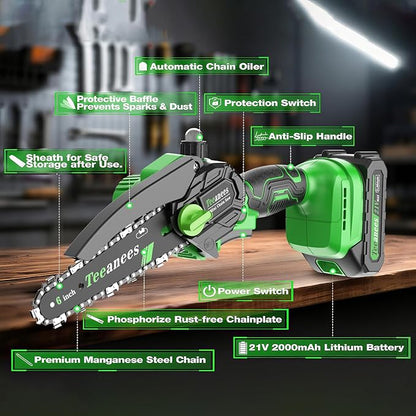 Mini Chainsaw Cordless 6 Inch, Electric Chainsaw Battery Powered with Auto Oiler, Security Lock for Wood Cutting, Tree Trimming, Garden & Household Use(1 Batterie)
