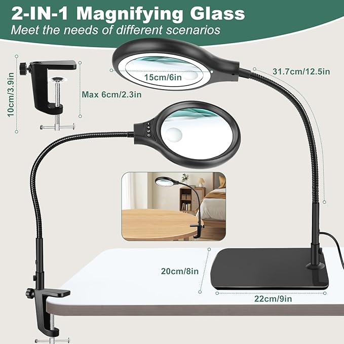 NZQXJXZ Large 2-in-1 Magnifying Glass with 72 LEDs Light and Stand 20X 10X Magnifying Lamp with Large Base and Clamp, 3 Color Modes and 10 Stepless Dimmable, Hands Free Desk Magnifier for Close Work