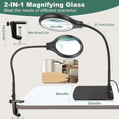 NZQXJXZ Large 2-in-1 Magnifying Glass with 72 LEDs Light and Stand 20X 10X Magnifying Lamp with Large Base and Clamp, 3 Color Modes and 10 Stepless Dimmable, Hands Free Desk Magnifier for Close Work