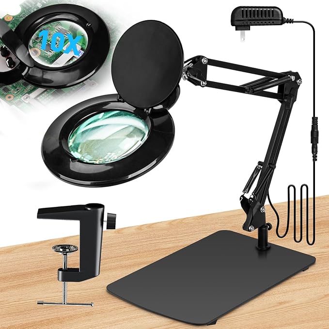 【Upgrade Head Dual Dimmer】 10X Magnifying Glass with Light and Stand, HITTI 2-in-1 LED Lighted Magnifier Large Base & Clamp, Infinite Color Stepless Dimming Magnifying Lamp for Painting Craft Reading