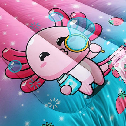 Kawaii Axolotl Comforter,Pink Salamander Comforter Set for Kids Teens Girls,3Pcs Bedding Set Printed Comforter with 2 Pillowcases,Down Alternative,Soft and Lightweight(Pink，Queen Size)