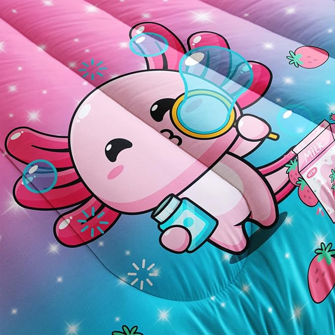 Kawaii Axolotl Comforter,Pink Salamander Comforter Set for Kids Teens Girls,3Pcs Bedding Set Printed Comforter with 2 Pillowcases,Down Alternative,Soft and Lightweight(Pink，Full Size)