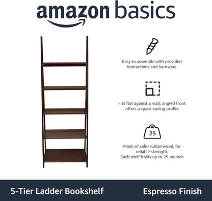 Amazon Basics Modern 5-Tier Ladder Bookshelf Organizer, Solid Rubberwood Frame, Espresso Finish, 14 D x 24.8 W x 70.1 H in