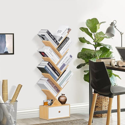 8 Tier Tree Bookshelf with Drawer, Free Standing Wood Bookcase for Narrow Space, Storage Organizer Bookshelves for Books, Book Case for Home Office, Living Room, Bedroom - Natural