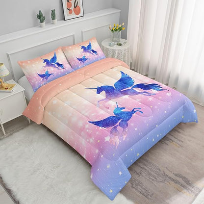 Datura home Bedding Comforter Set Starry Sky Unicorn Printed Pattern Quilt with 1 and 2 Pillowcases for Girls Bedroom All Season(Purple Queen) Queen 90x90inches