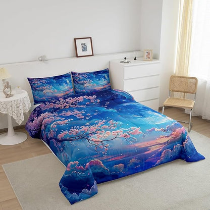 Manfei Cherry Blossoms Comforter Set Twin Size,Moonnight Cloud Starry Sky Bedding Set,Girls Women Room Decor,Sakura Flowers Chinese Style Down Comforter,Pink Blue Romantic Duvet Insert,1 Pillowcase