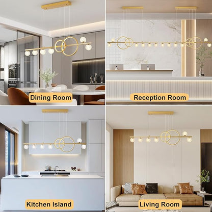 ORANOOR Modern Gold Chandeliers Pendant Light, 47in Dimmable LED Chandelier | Linear Gold Pendant Light for Kitchen Island Dining Room, 6 Globe Hanging Pendant Chandelier Lighting Fixture, 2 Rings 4200lm