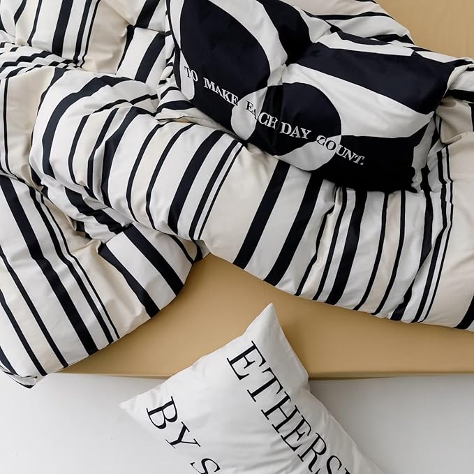 Striped Comforter Set Twin Black and White Comforter Men Women Modern Chic Stripes Bed Comforters Beige Black Striped Twin Ticking Bedding Comforter Set All Season Hotel Quality Bed Set