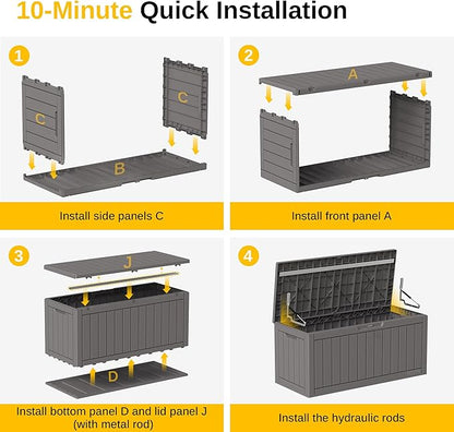 EAST OAK Outdoor Storage Box, 90 Gallon Deck Box, Waterproof Resin Storage Bin for Patio Cushions, Gardening Tools, Lockable, UV Resistant, Grey