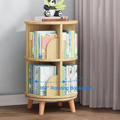 Gdrasuya10 2 Tier Rotating Bookshelf with Legs, Small Rotating Bookshelf Wood Revolving Bookcase Book Organizer Book Display Shelves Storage for Living Room Bedroom Study Room