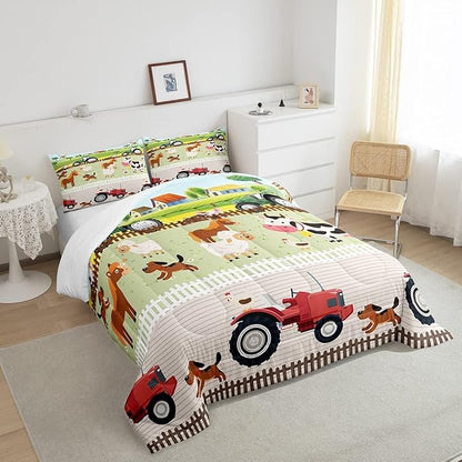 Tractor Bedding Sets for Boys Twin Size Toddler Kids Cute Cartoon Farm Animals Comforter Set Girls Children Farmhouse Country Down Comforter for All Season Colorful Room Decor Nature Theme Duvet Set