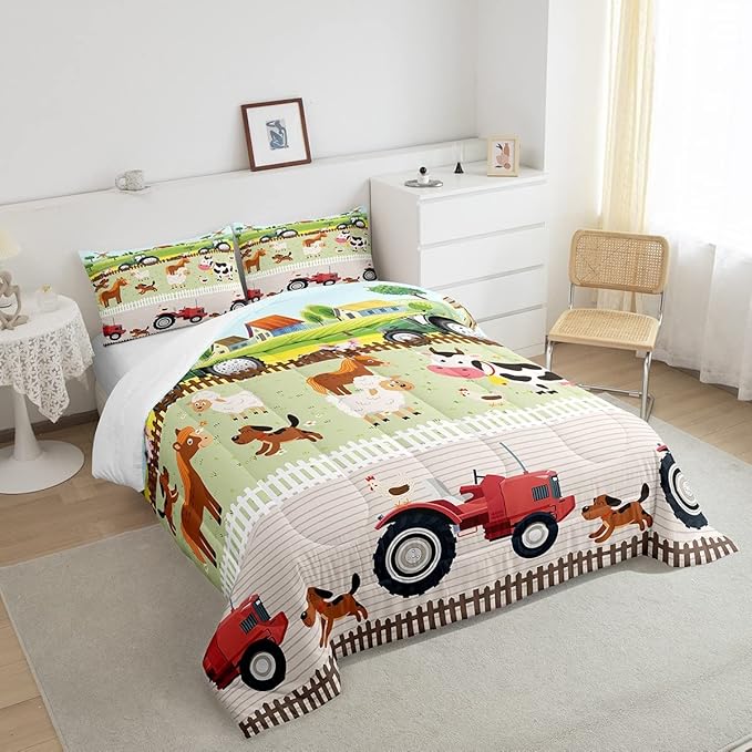 Tractor Bedding Sets for Boys Full Size Toddler Kids Cute Cartoon Farm Animals Comforter Set Girls Children Farmhouse Country Down Comforter for All Season Colorful Room Decor Nature Theme Duvet Set