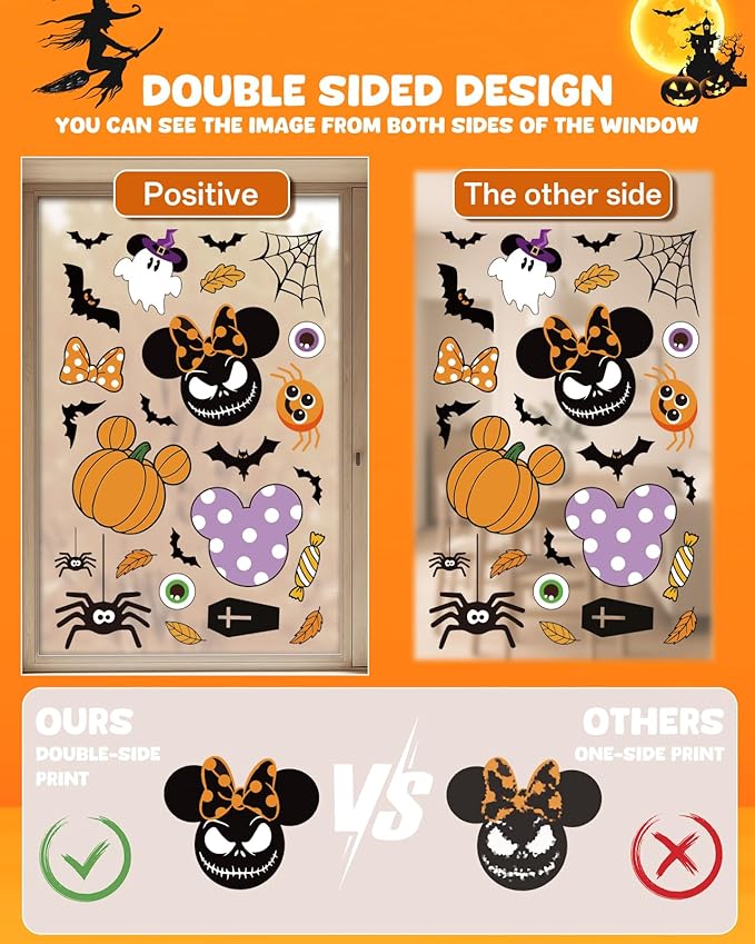Halloween Window Clings - 9 Sheets 129 Pcs Cute Happy Halloween Window Decorations Indoor for Home Party Eyes Pumpkin Ghost Bats Stickers for Glass Double-Sided Removable Static Glass Decals