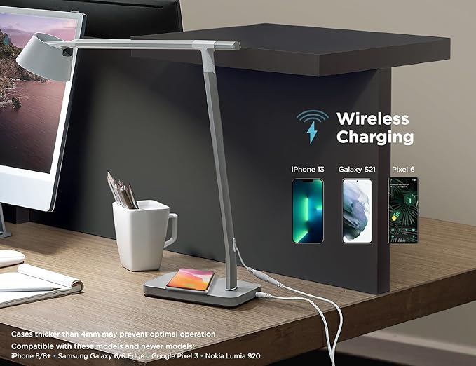 BLACK+DECKER Verve Series Smart LED Desk Lamp, Compatible with Alexa, Circadian Mode, True White LED, 18 Watt, Qi Wireless Charger, Silver