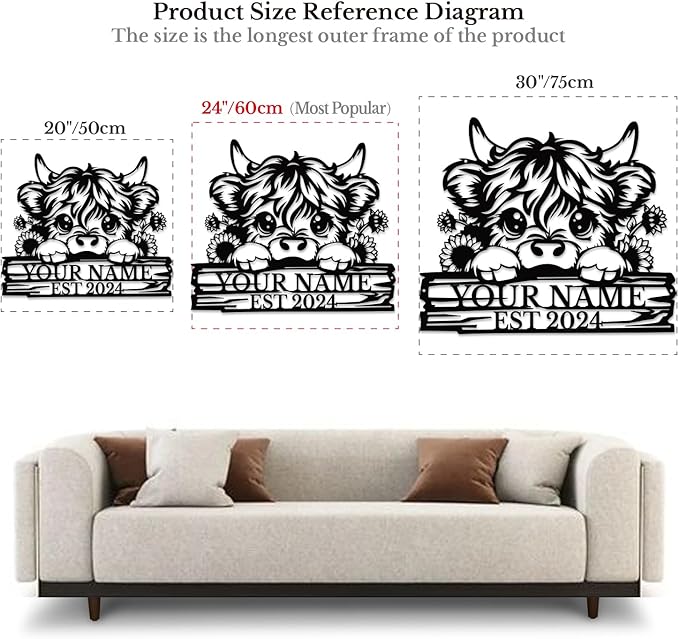 Personalized Highland Cow Name metal Signs,Custom Highland Cow Metal Shed Wall Decor,Black Metal Wall Art Plaques Outdoor wall Decorative Signage (Style D)