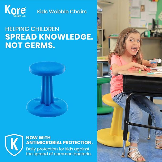 Kore Kids Junior Wobble Chair - Flexible Seating Stool for Classroom, Elementary School, ADD/ADHD - Made in The USA - Junior- Age 8-9, Grade 3-4, Blue (16in)