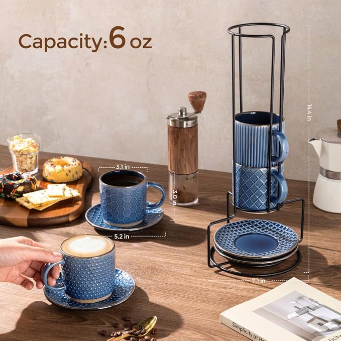 GBhome 6 OZ Stackable Coffee Mugs Set of 4, Ceramic Espresso Coffee Cups | Coffe Cups With Saucer and Stand, Dishwasher&Microwave Safe, 4 Assorted Designs
