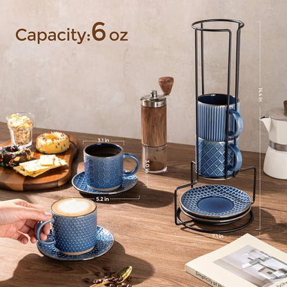 GBhome 6 OZ Stackable Coffee Mugs Set of 4, Ceramic Espresso Coffee Cups | Coffe Cups With Saucer and Stand, Dishwasher&Microwave Safe, 4 Assorted Designs