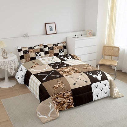 Kids Deer Antler Animal Comforter Set King Size,Brown Camo Xmas Bedding Set,Girls Boys Adults Bedroom/Cabin Decor,Plaid Patchwork Vintage Down Comforter,Boho Arrows Duvet Insert,3pcs,2 Pillowcases