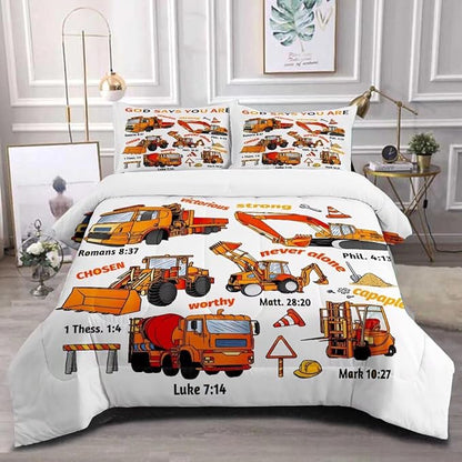Kids Construction Vehicles Truck Comforter for Boys Queen,Cartoon Car Excavator Tractor Bedding Set,Construction Christian Spirational Quotes Comforter with 2 Pillowcases White