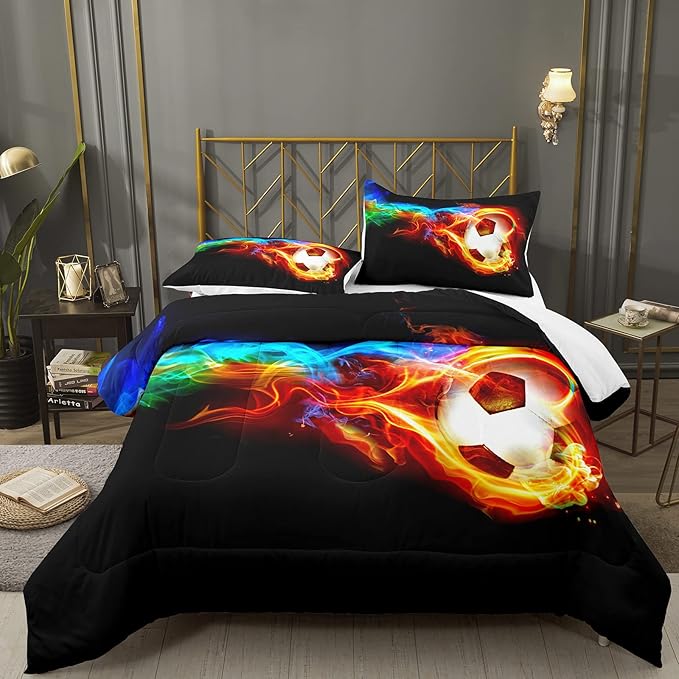 Bodhi Soccer Comforter Set King Size,Fire Sports Comforter Set for Boys,Football Bedding King,Teen Boy Bedding Set with Matching Pillowcases,Kids Comforter Set King