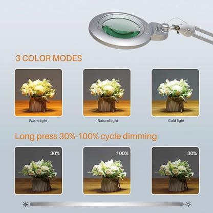 Bifocals Magnifying Desk Lamp with Clamp, 5 Diopter with 20 Diopter, 6 Inch Detachable Lens and 120PCS LEDs, 3 Color Modes 1200 Lumens Swivel Arm Magnifying Lamp with Light for Crafts