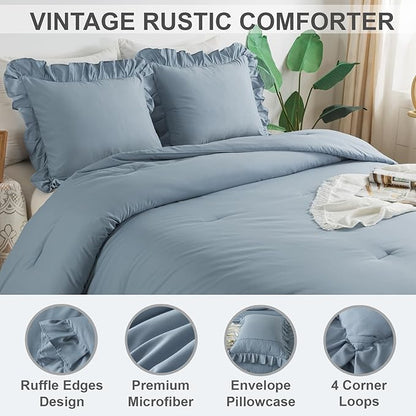 Andency California King Comforter Sets Grayish Blue (104x96Inch), 3 Pieces Cal King Ruffle Comforter, Oversized Farmhouse Shabby Chic Bed Comforter, Lightweight and Soft Microfiber Bedding Set