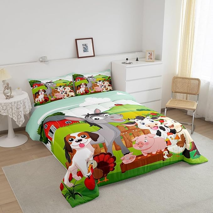 Cute Farm Animals Bedding Set Kids Cartoon Pig Dog Cow Horse Comforter Set for Boys Girls Teens Nature Country Style Comforter Farmhouse Rustic Duvet Set Colorful Bedroom Decor Quilt Set Queen Size