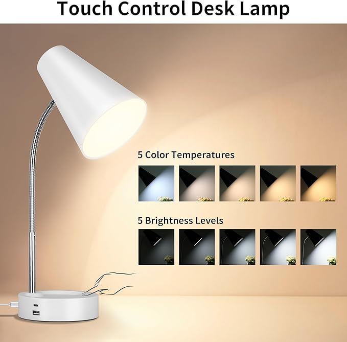 RUNTOP Desk Lamp, Desk Lamps for Home Office with 5 Color Modes 5 Brightness Dimmer Reading Light & USB Port, Type C port, 7W LED Table Lamp, 360° Flexible Gooseneck Lamp Light for Bed Bedside, White