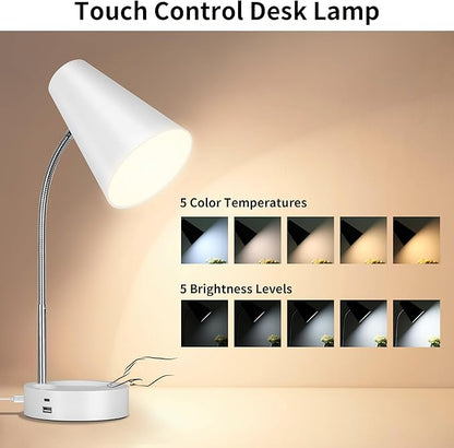 RUNTOP Desk Lamp, Desk Lamps for Home Office with 5 Color Modes 5 Brightness Dimmer Reading Light & USB Port, Type C port, 7W LED Table Lamp, 360° Flexible Gooseneck Lamp Light for Bed Bedside, White