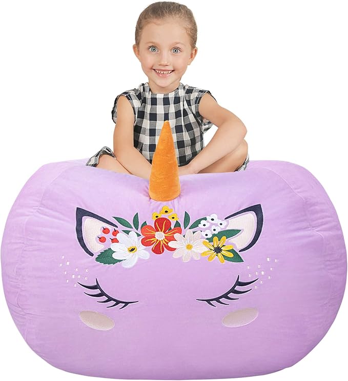 Aubliss Stuffed Animal Storage, Velvet Bean Bag Chairs Cover, X-Large 38" Ultra Soft Kids Toy Storage Organizer for Blankets Towels Clothes, Unicorn Purple Floral