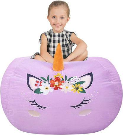 Aubliss Stuffed Animal Storage, Velvet Bean Bag Chairs Cover, Large 32" Ultra Soft Kids Toy Storage Organizer for Blankets Towels Clothes, Purple Floral