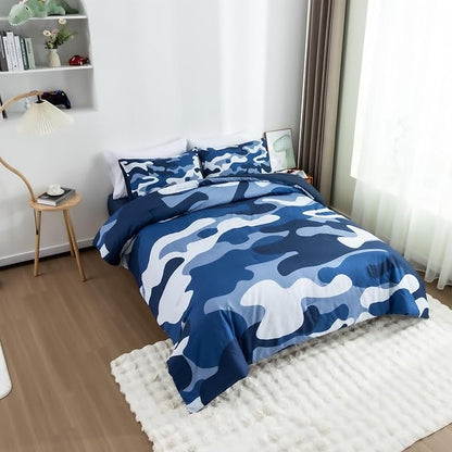 Meeting Story Camouflage Bedding Set, Colorful Pattern Style Comforter Set, 5 PCS One Comforter Two Pillowcases Two Sheets in One Bag, All Season Bedspread for Teens Adults (Navy,Queen 5Pcs)