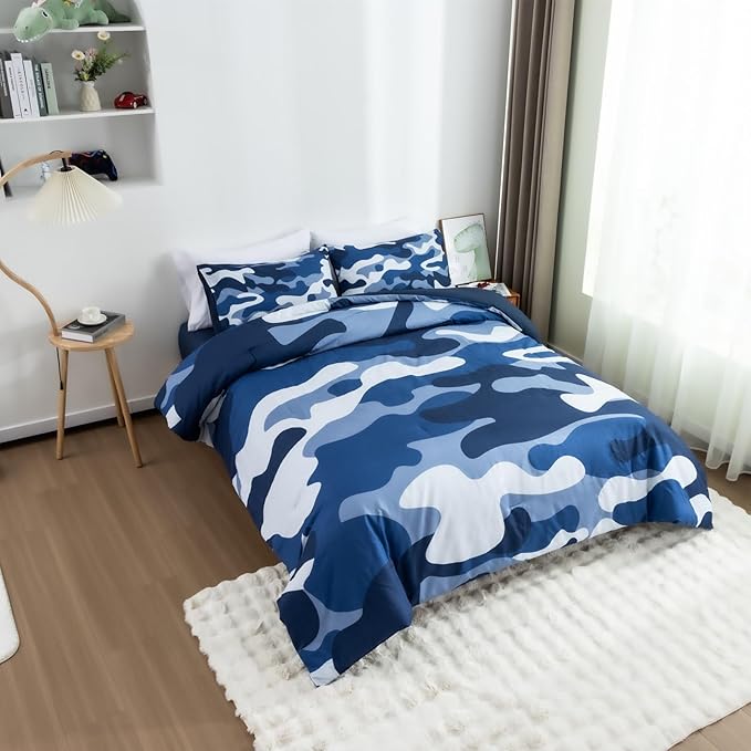 Meeting Story Camouflage Bedding Set, Colorful Pattern Style Comforter Set, 5 PCS One Comforter Two Pillowcases Two Sheets in One Bag, All Season Bedspread for Teens Adults (Navy,Twin 5Pcs)